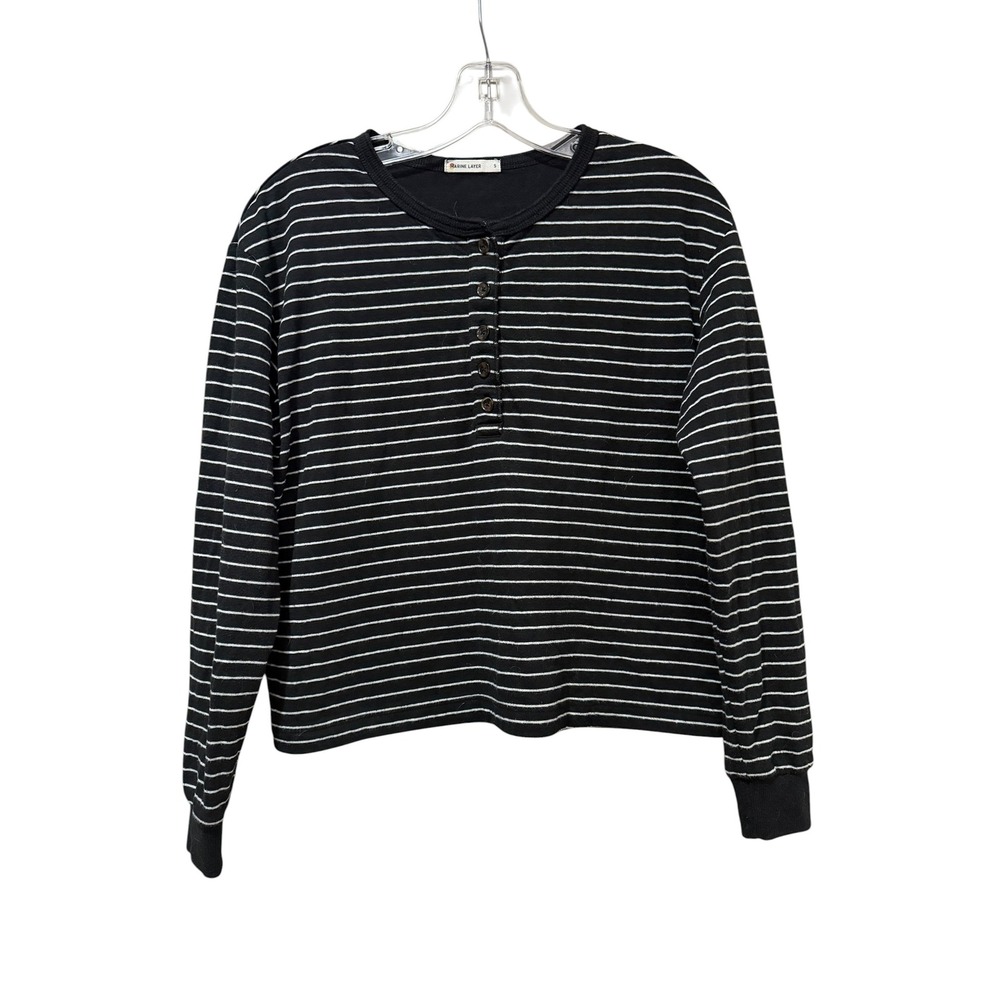 Marine Layer Womens Black White Striped Long Sleeve Henley Top Small